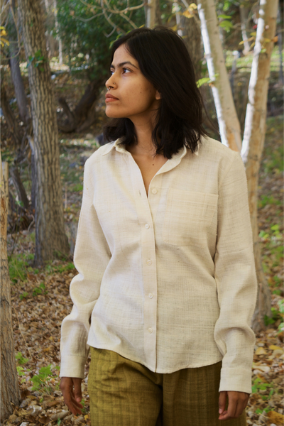 Luxurious eri silk button up shirt for women ethically made in Assam and Ladakh. Handspun and handwoven and naturally dyed.